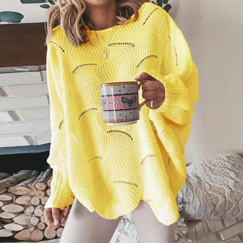 Women Hollow Out Sweater Elegant Loose S Knitted Pullovers Female Casual O Neck Solid Color Sweaters