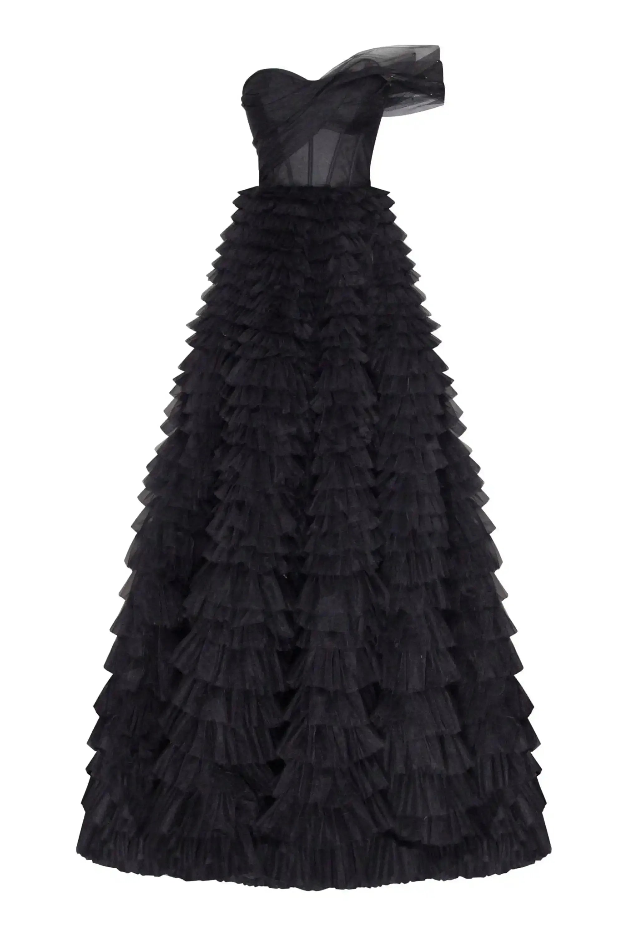 Black One Shoulder Frill Layered Ball Gown